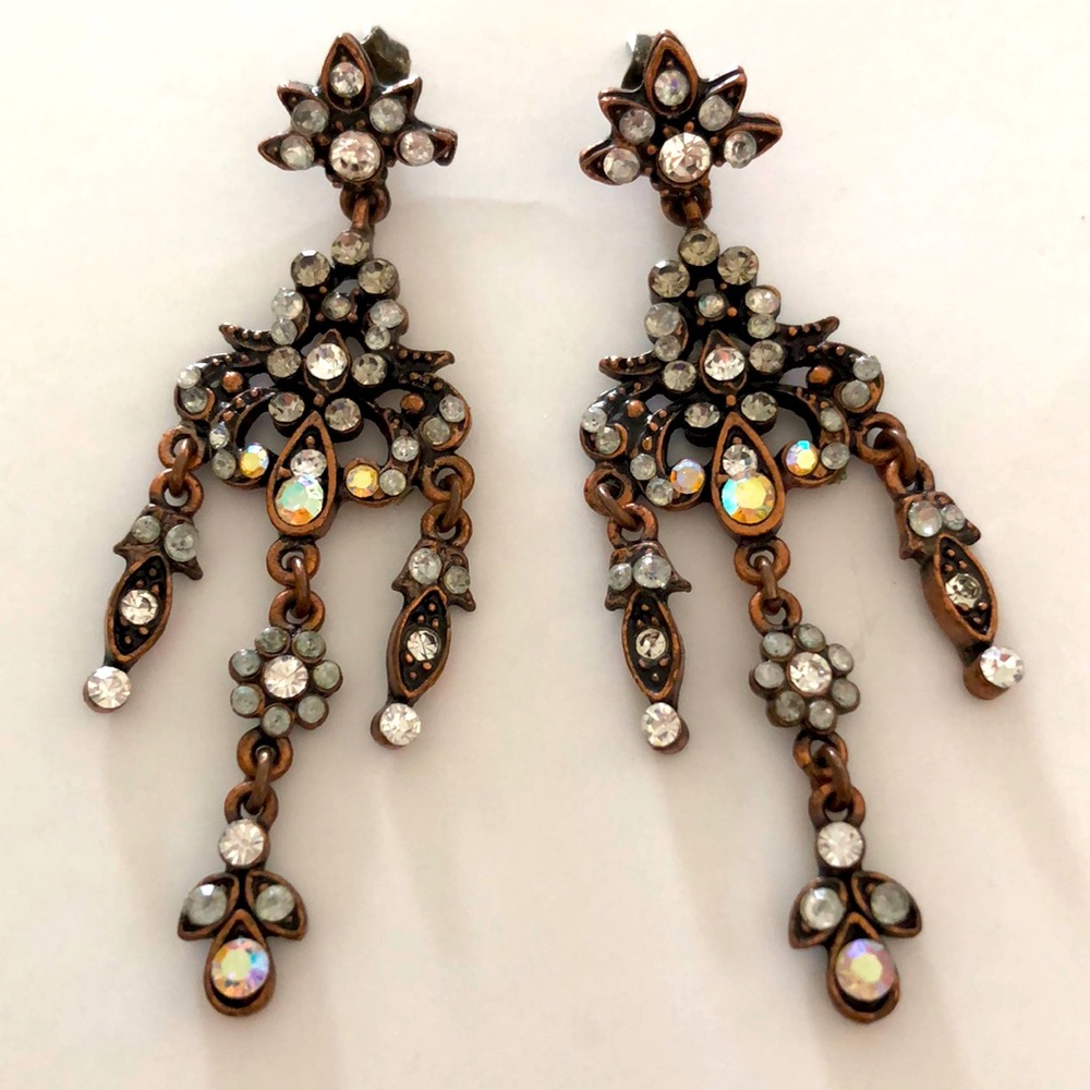 Earrings chandelier hang moving white crystal copper butterfly backing vintage